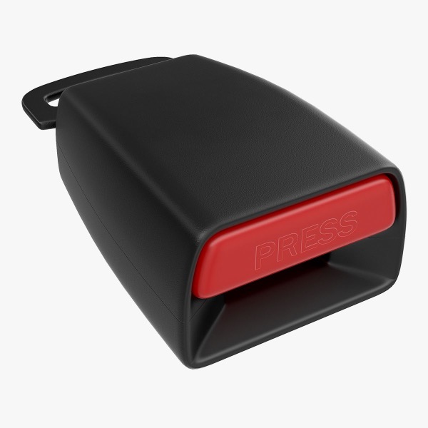 Seat belt buckle receiver housing with a red press-release button, shown on its own against a plain background